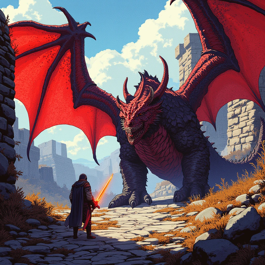 "IMG_2384.CR2: An epic fantasy scene in pixel art style, featuring a massive red dragon with black and gray scales and wide, bat-like wings, standing in a menacing face-off with a lone warrior. The dragon's fierce eyes glare at the warrior, who wields a glowing sword, ready for battle. In the background, the ruins of a medieval castle loom, weathered by time. The rugged stone pathway beneath the warrior’s feet is cracked and uneven, with sparse grass and bushes dotting the terrain. The dragon’s textures are highly detailed, emphasizing its tough scales and powerful physique. Sunlight filters through the clouds, casting long shadows across the scene, creating a sense of depth and scale. The dramatic lighting and intense contrast between light and shadow highlight the tension of the moment. The entire scene is rendered in high resolution, capturing the grandeur of the encounter. [Artists: Greg Rutkowski, John Howe, Akihiko Yoshida]."