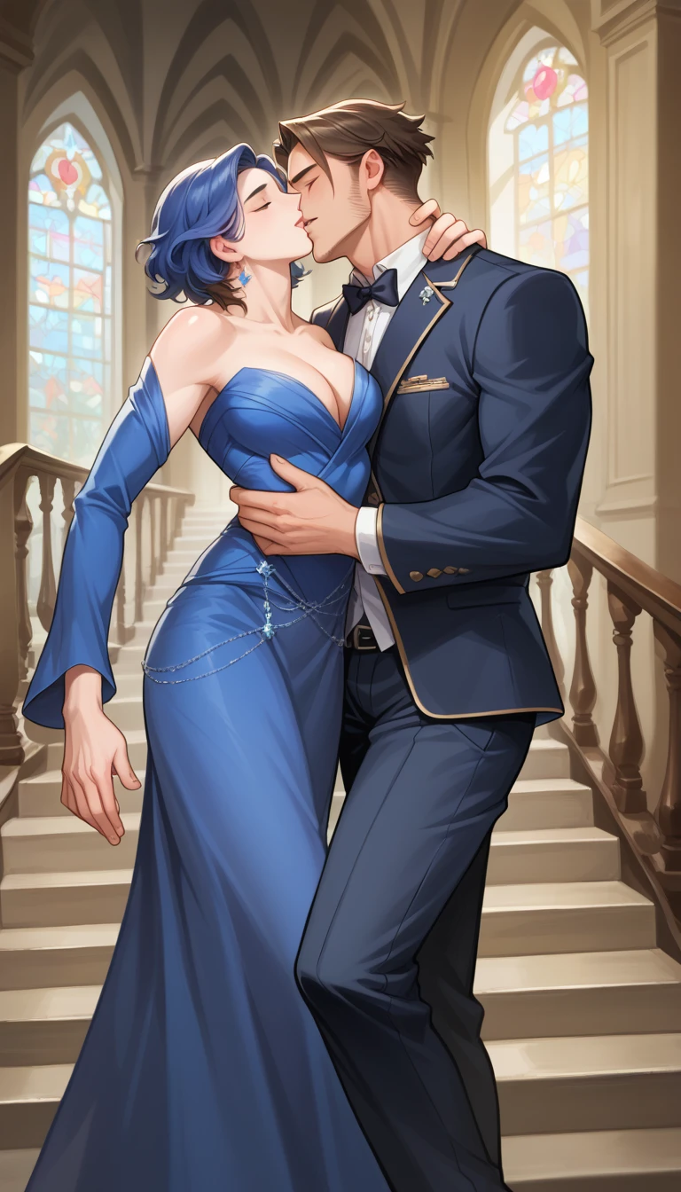 best quality, masterpiece, hyper realistic, two men, extremely handsome japanese man, fluffy medium length hair, athletic build, elegant ouji style clothes, walking down the stairs of fancy luxurious castle, hand on railing, passionate neck kiss, another muscular man, he is dressed as a very sexy butler, romantic atmosphere, perfect fingers, perfect hands, perfect face, perfection