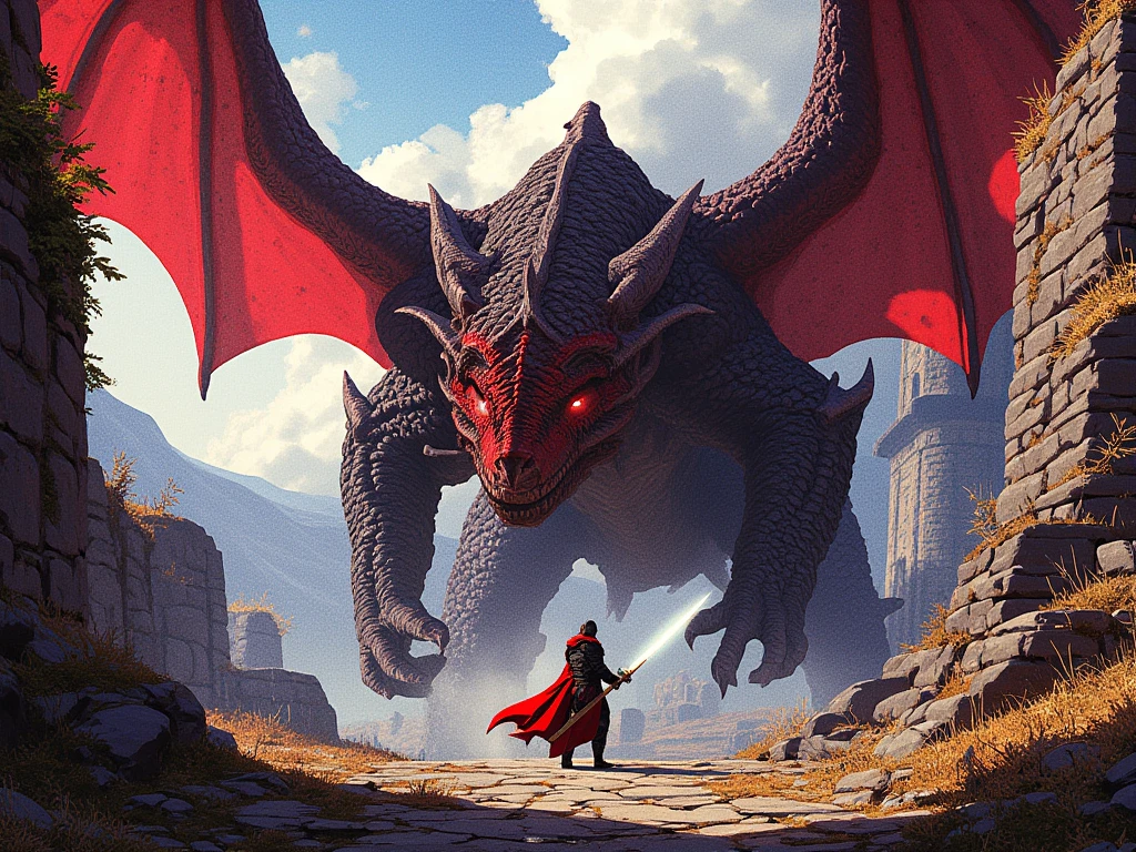 "IMG_2384.CR2: An epic fantasy scene in pixel art style, featuring a massive red dragon with black and gray scales and wide, bat-like wings, standing in a menacing face-off with a lone warrior. The dragon's fierce eyes glare at the warrior, who wields a glowing sword, ready for battle. In the background, the ruins of a medieval castle loom, weathered by time. The rugged stone pathway beneath the warrior's feet is cracked and uneven, with sparse grass and bushes dotting the terrain. The dragon’s textures are highly detailed, emphasizing its tough scales and powerful physique. Sunlight filters through the clouds, casting long shadows across the scene, creating a sense of depth and scale. The dramatic lighting and intense contrast between light and shadow highlight the tension of the moment. The entire scene is rendered in high resolution, capturing the grandeur of the encounter. [Artists: Greg Rutkowski, John Howe, Akihiko Yoshida]."