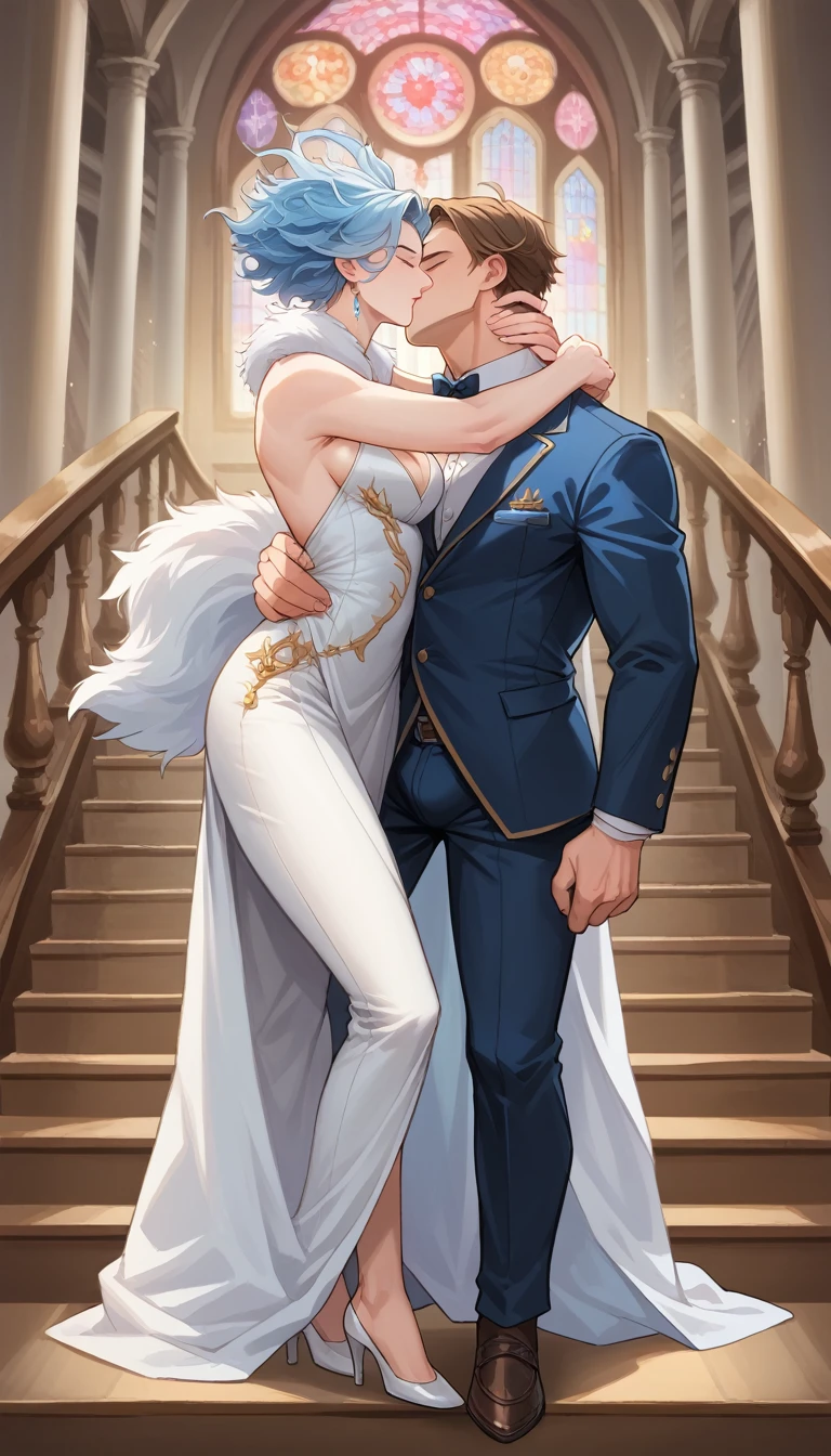 best quality, masterpiece, hyper realistic, two men, extremely handsome japanese man, fluffy medium length hair, athletic build, elegant ouji style clothes, semi erection bulge, walking down the stairs of fancy luxurious castle, hand on railing, passionate neck kiss, another muscular man, he is dressed as a very sexy butler, romantic atmosphere, perfect fingers, perfect hands, perfect face, perfection