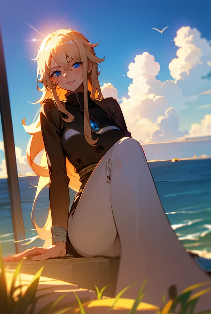 1 girl,  long hair ,  High resolution , breasts, Rice, blue eyes,  Fringe between the eyes, Necessary, HD model, Blonde hair, shiny hair,  Split Fringe, Light blush,  red lips, shy, Vanishing point, silhouette, Scanlines, ANIME STYLE, anime, Illustration, one piece, wavy hair, Alone, messy hair, Textured skin, smiling, sitting, sitting em um jardim, sitting na grama,  sitting on the grass of a garden, horizon, horizon com nuvens,  clouds almost clogging the Sun , Sun hidden by clouds 