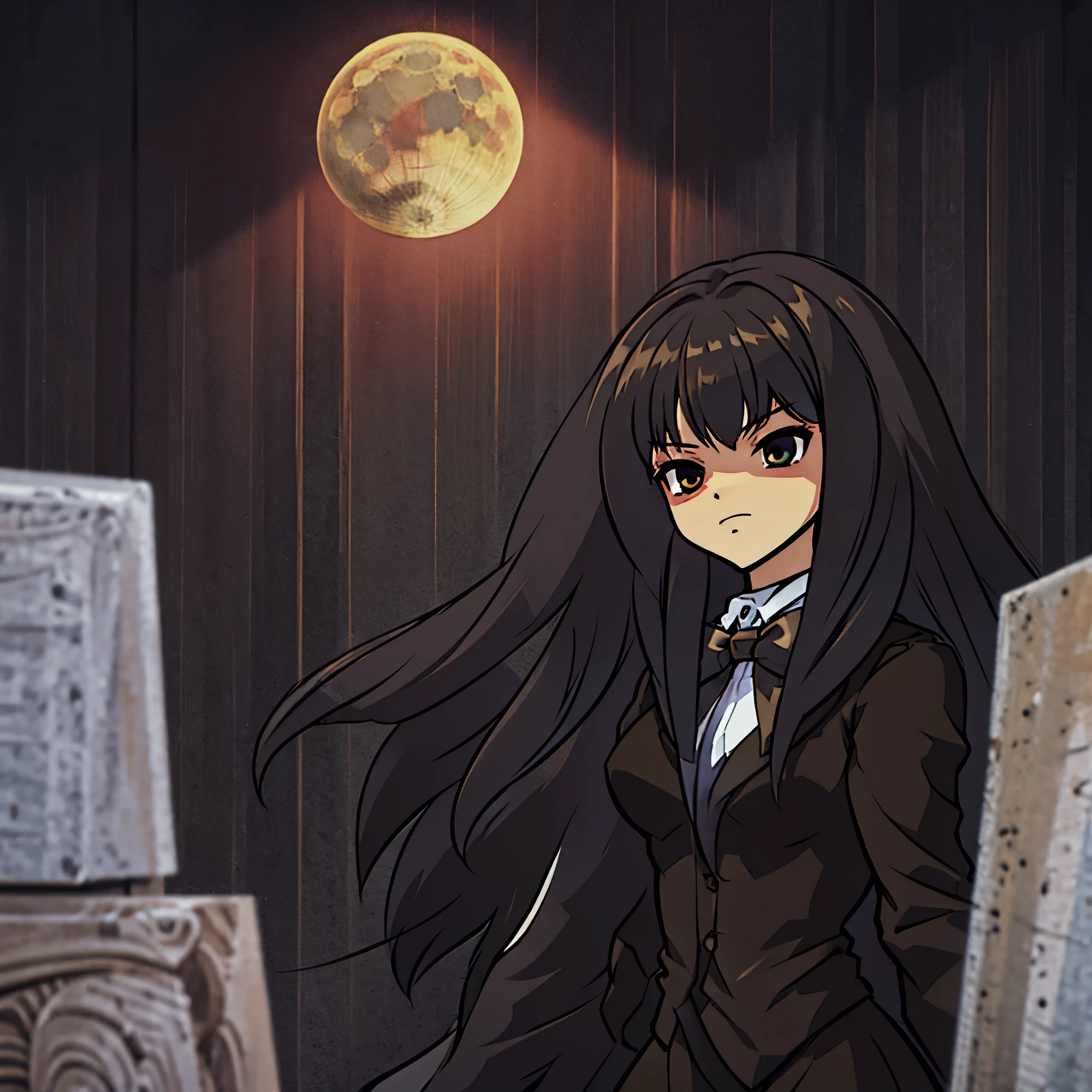 Beautiful girl, long black hair, dark eyes, wearing a brown blazer, winter school uniform, dark brown ribbon, looking at the viewer with a stern expression on a moon night, anime style, intricate details, line:-3.5, hyper detailed, sharpen, 16k, plain, masterpiece, intense gaze, dark eyelashes, slightly hanging eyes, (black penny loafers), (black stockings), black skirt,