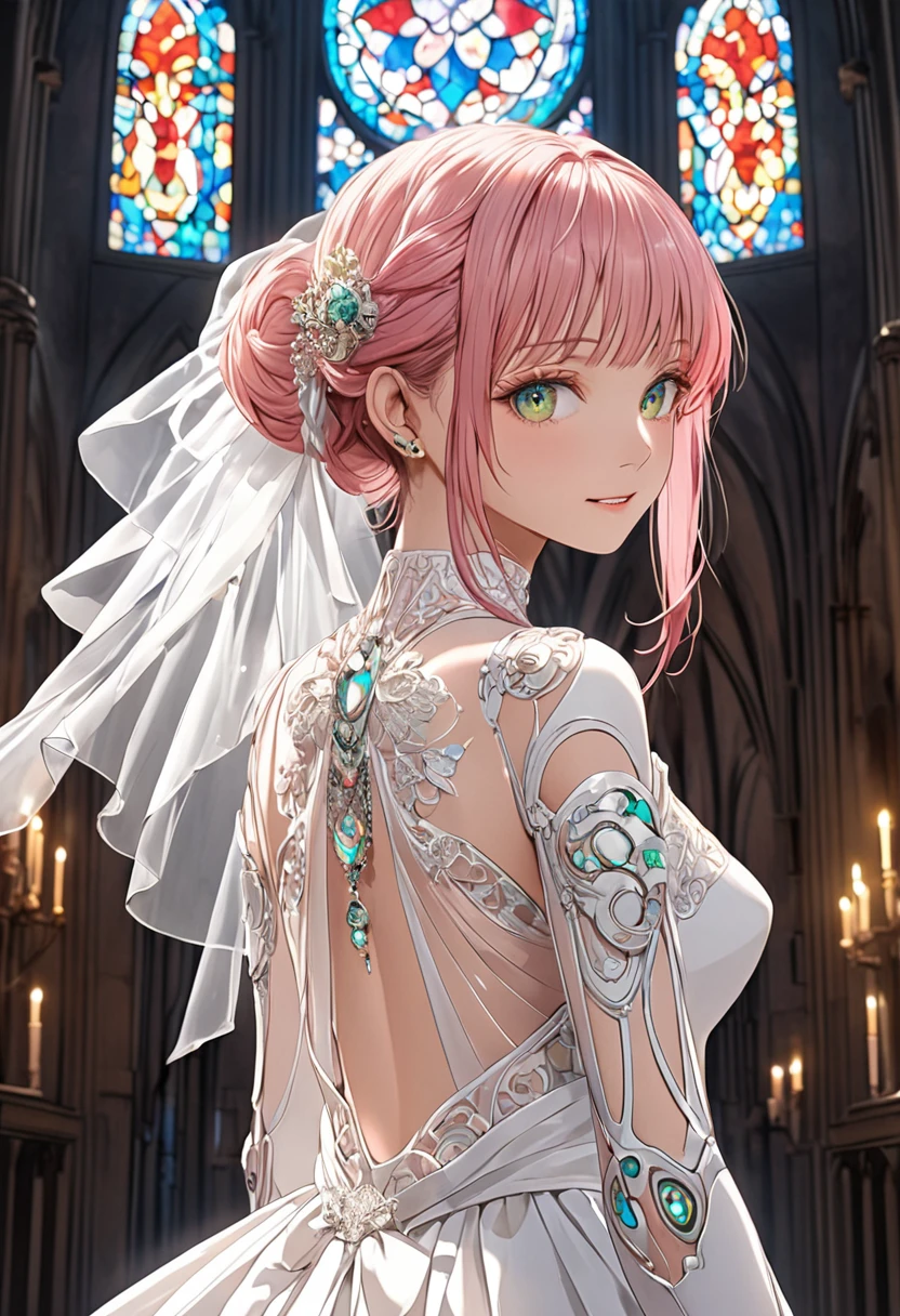 best quality, masterpiece, highres, solo, {frankenstein_fgo:1.15}, horns, single_horn, mechanical_horns, pink_hair, short_hair, blue_eyes, veil, breasts, yellow_eyes, heterochromia, hair_over_one_eye, hair_ornament, 1girl, bare_shoulders, dress, elbow_gloves, gloves, white_dress, white_gloves, looking_at_viewer, wedding_dress, bridal_veil, flower, medium_breasts