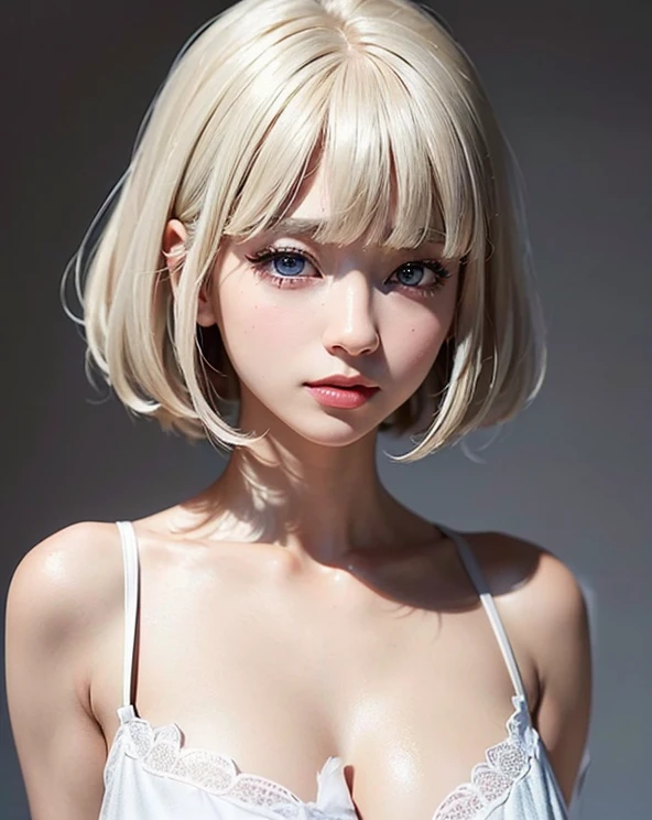 One girl　White　Russian　White　sauna　 sit　Micro Bikini　Beauty　high resolution　High precision　Blonde　White　White skin　Detailed skin　15 years old　blue eyes　Detailed face　　whole body　smile　Bobcut　night