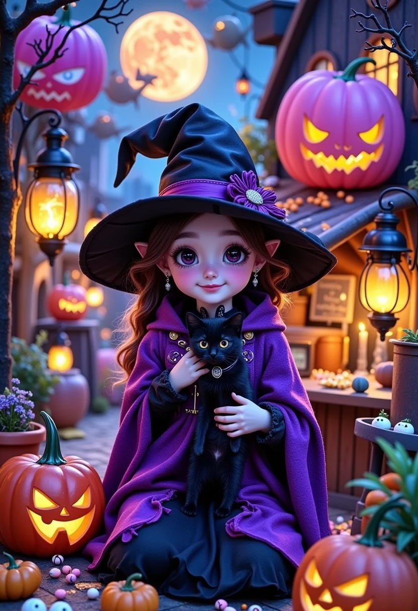 一张photography照片， A small witch in front of a Halloween store ， There is a big moon in the distance ， Surrounded by skyscrapers and skyscrapers ，The sky is blue， pink hot air balloons floating by ， wearing a black magic hat ， The store is in the center of the image ，Holding a black kitten in his arms， revealing the strangeness and mystery of the environment ，Smiling face， A smiling pumpkin under the butt ， There are also a few cute big white eyes beside ， big smile ， The witch wears a purple magic cloak ， The store has airships and mysterious airplanes floating on ， in the sky {x} and riders The magical witch of a broom flies in the sky，Purple atmosphere ， Surrounding the environment ，Very cute，Realism，Realism，photography