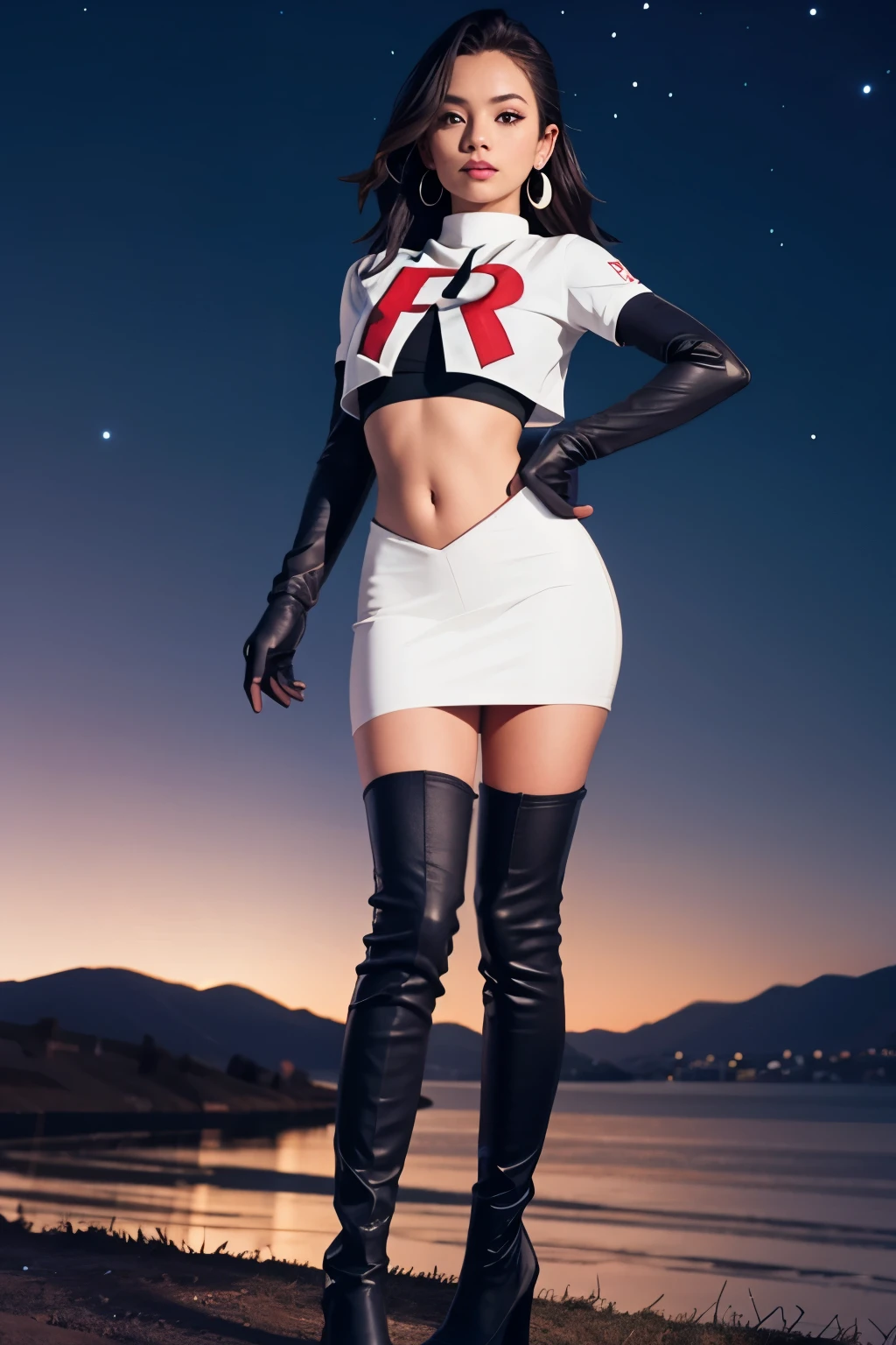 micaiah fe, short bob hair, black hair, blue eyes, fair skin, small breasts, glossy lips ,team rocket uniform, red letter R, white skirt, white crop top, black thigh-high boots, black elbow gloves, serious face, naked sex, sex view, lots of cum on sex, (( 1man behind, vaginal penetration)), full body, night sky background (very sexy body, detailed face, masterpiece, highly detailed, 8k, best quality, vibrant colors, digital art, concept art).