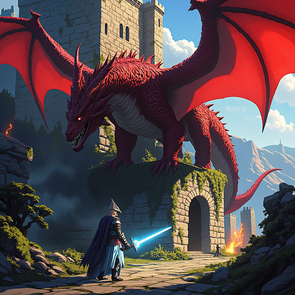 ((Masterpiece)), ((Ultra-detailed pixel art)), ((fantasy medieval setting)), enormous red-winged dragon with fiery, spiked scales, (hyper-detailed textures), standing majestically before an ancient ruined stone castle, ((massive medieval fortress)) entwined with creeping vines and moss-covered walls, surrounded by lush green foliage, towering over a small, determined armored warrior gripping a glowing blue sword, preparing for an epic confrontation, (dynamic pose, ready for battle), warrior positioned near the weathered castle entrance, cracked stone pavement with grass growing between ancient stones, (vibrant, saturated colors), ((intricate medieval architecture)), fine stone carvings and arches, dragon's wings fully extended, casting large shadows over the castle, (highly detailed sky with subtle cloud formations), ((dynamic cinematic lighting)), dramatic light illuminating the warrior's armor, fiery glow reflecting off the dragon's scales, shadows cascading from the castle walls, subtle highlights enhancing the depth of the scene, (top-down perspective), ((8k quality)), epic and immersive composition, (perfectly balanced framing), rich atmospheric depth with slight haze and glowing embers in the air, [art by: ((Yoshitaka Amano)), ((Akira Toriyama)), ((Hironobu Sakaguchi))]