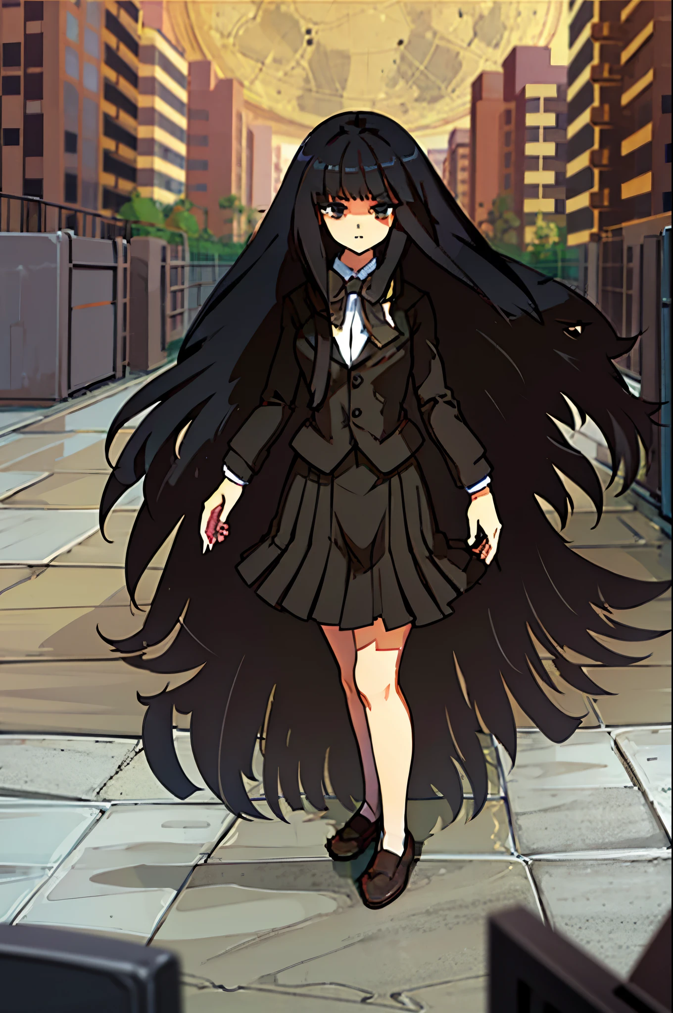 Beautiful girl, long black hair, dark eyes, wearing a brown blazer, winter school uniform, dark brown ribbon, looking at the viewer with a stern expression on a moon night, anime style, intricate details, line:-3.5, hyper detailed, sharpen, 16k, plain, masterpiece, intense gaze, dark eyelashes, slightly hanging eyes, (black penny loafers), (black stockings), black skirt