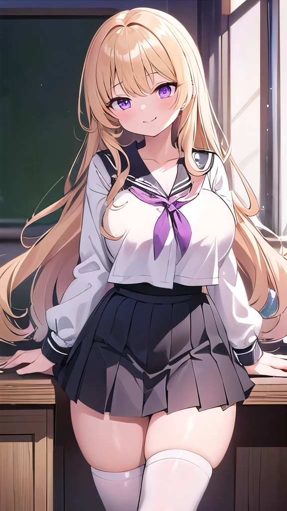  1 girl、,  Blonde , Golden Hair、Long Hair, Curly hair、Purple Eyes , 1 girl 、classroom、front、Bitch、Tempting、Big Breasts、 clevis,Pink Lip、morning、Best Shadow,  Best Lighting、Black and white sailor suit、Mini length、 pleated skirt 、Black Knee High、Mischievous Smile