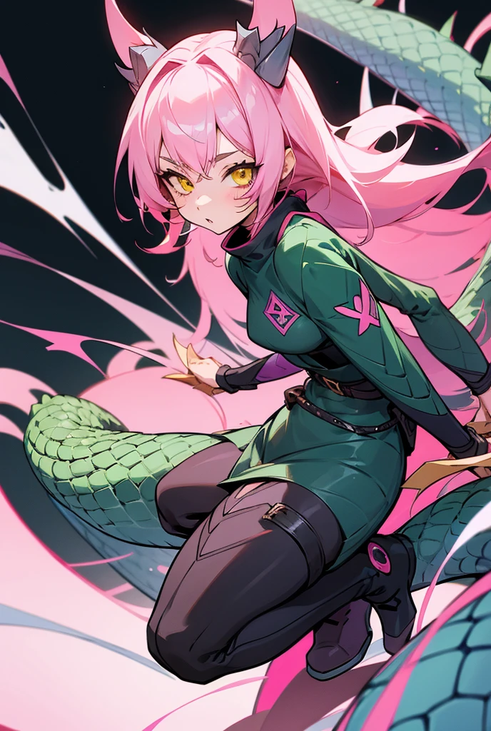 Anime girl with pink hair and yellow eyes, reptile anime girl, wearing boots