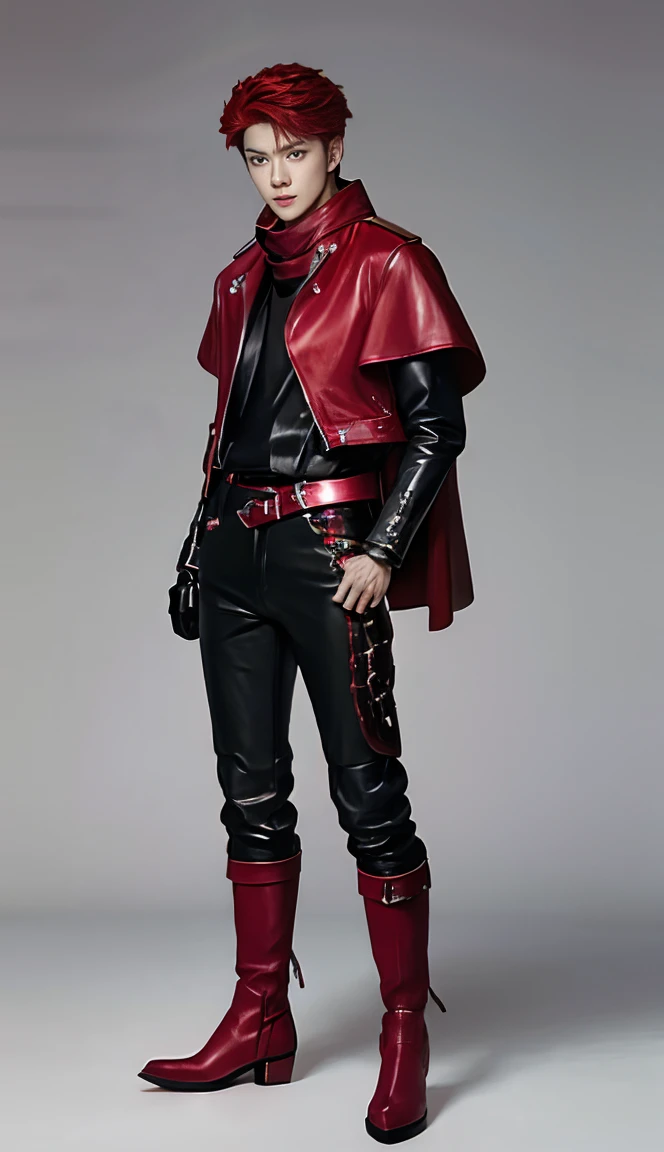 Accurate 、Full Body Photo 、Standing in his full height from head to toe 、Studio background 、red hair 、 Handsome 、 Sehun from EXO 、Wearing a ruby leather jacket 、Ruby boots 、Black shiny pants 、Ruby cape 、 Holding a Huge ruby sword、Ruby helmet 、Ruby red scarf.