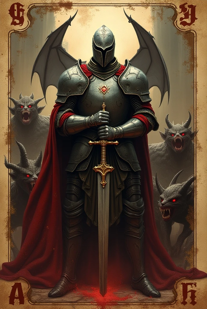 a goat-headed demon with large horns, strong and strong upper body, demon skins, skins, ((claws, wings)), demonic armor, blood splatters, skulls on the ground, standing in a blood ritual, medieval, dark room, dim light, masterpiece, realistic, oil painting