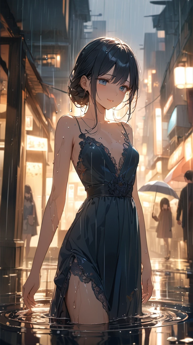 Japanese heroine with short dress, showing cleavage, lifting his skirt, walking under the rain in a Big city