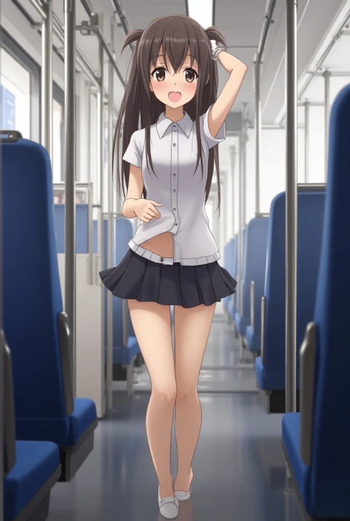 Masterpiece, best quality, official art, 8k wallpaper, very detailed, illustration, 1girl, grinning, black hair with blue highlights, light blue highlights in hair, blue highlights, wide hips, (huge breasts), sailor top, backpack, standing, (view from behind), bratty, inside train, bratty girl, teasing, (by asanagi), underboob, upskirt view, skirt, ((vibrator)), ((pussy juice)), (vibrator cord), (vibrator in thighhighs), ((remote control vibrator)), (((vibrator under panties))), sweat, blush,