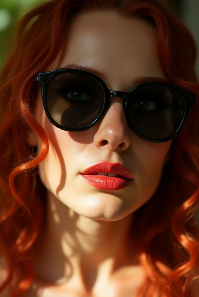 20-year-old redheaded woman with a more mature face with a more mature face with a more mature face , pale skin, freckles, black hair teal eyes ,  fleshy and shiny lips , labia majora, thick lips, parted lips, Rose with illuminated sunlight your face face with natural oil illuminated using dark glasses dark round sunglasses dark 