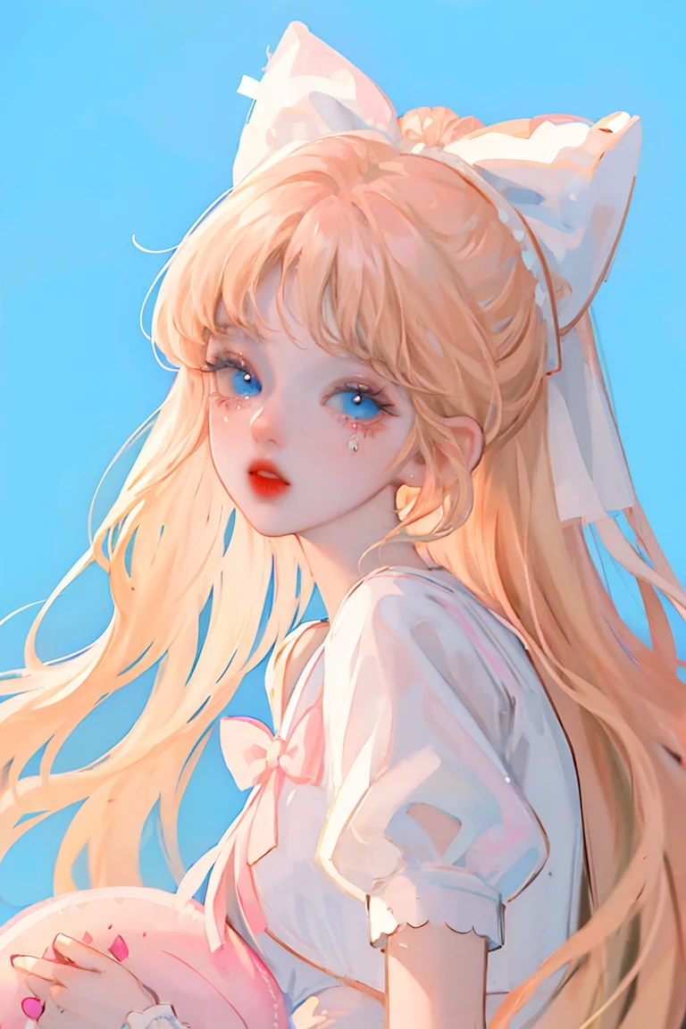 a cute character with sweet pastel tones and an abundance of cuteness. The girl has fair pink skin, large round bright blue eyes that sparkle with long eyelashes, rosy cheeks, and soft pink lips. Her hair is light blonde, styled in fluffy waves with two large buns on either side, adorned with a big blue bow. The girl's outfit resembles a Japanese sailor uniform, with a white top trimmed in blue and a large bright red bow at the chest. The short navy skirt is edged with white lace, adding femininity and grace. The girl is lying on a bright background with soft plush pillows, surrounded by small white teddy bears with adorable expressions, wearing blue and pink bows. The girl holds a slice of strawberry cake in her hand, and around her are many fresh strawberries, along with sweets like candies and pastries, enhancing the cheerful and sweet atmosphere. Overall, the image evokes a feeling of stepping into a colorful, joyful, and like fairy tale world.