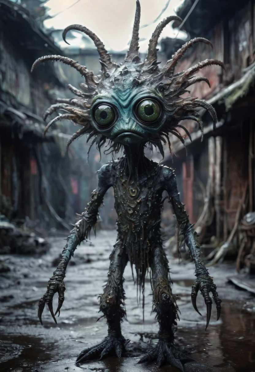 full body length shot,nerd graphite  Alien Entity,native africa slave ,azctec Finnish Lapland,Cinematic,soft colors, Technicolor,natural skin textures, hyper realism, hyper detailed,Extremely detailed,High contrast,Masterpiece,Realistic,Ultra Detailed, intricate details,realistic humid leather,extremely intricate details,Epic Realistic, cinematic style, irina yermolova,high contrast,hdr,extremely detailed, [deep night landscape],masterpiece, intricate details, eyes extremely detailed, high detailed eyes,8k resolution,retina, Nikon Z9,Korea,orc,Egypt, Pisces, transition between two art styles,full body length, Double contact, X-ray, Creative, vivid light, fantasy, Abstract, Surrealism, super detailed, high resolution,insanity national folk wear,skin  almost translucent, gothic elements,Mestichino,Light particles,chaos,starfish's leather,"(The best lighting, dark, dramatic),(alien troll half-skull fetus, Hellraiser, Scars, , poison brain, , a rat inside the head, terror.),(fish eyes, calaveras