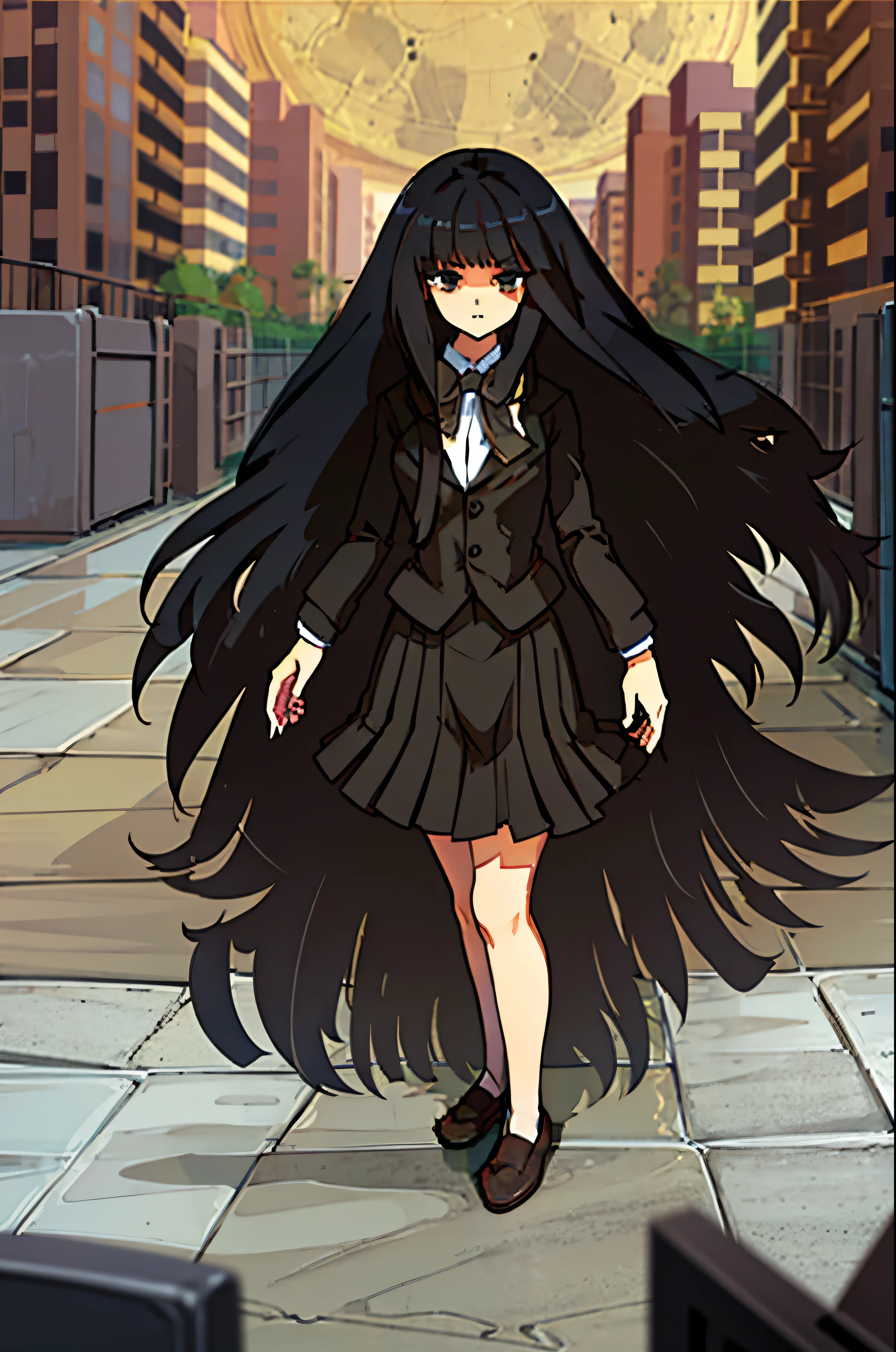 Beautiful girl, long black hair, dark eyes, wearing a brown blazer, winter school uniform, dark brown ribbon, looking at the viewer with a stern expression on a moon night, anime style, intricate details, line:-3.5, hyper detailed, sharpen, 16k, plain, masterpiece, intense gaze, dark eyelashes, slightly hanging eyes, (black penny loafers), (black stockings), black skirt