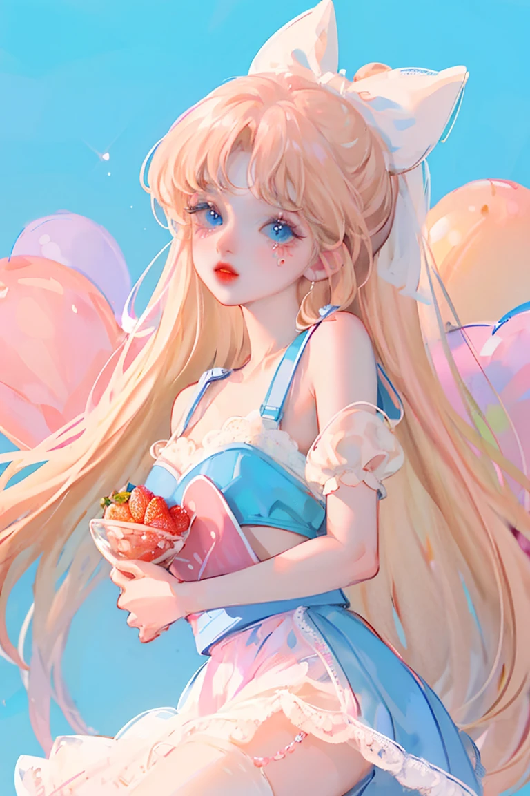 a cute character with sweet pastel tones and an abundance of cuteness. The girl has fair pink skin, large round bright blue eyes that sparkle with long eyelashes, rosy cheeks, and soft pink lips. Her hair is light blonde, styled in fluffy waves with two large buns on either side, adorned with a big blue bow. The girl's outfit resembles a Japanese sailor uniform, with a white top trimmed in blue and a large bright red bow at the chest. The short navy skirt is edged with white lace, adding femininity and grace. The girl is lying on a bright background with soft plush pillows, surrounded by small white teddy bears with adorable expressions, wearing blue and pink bows. The girl holds a slice of strawberry cake in her hand, and around her are many fresh strawberries, along with sweets like candies and pastries, enhancing the cheerful and sweet atmosphere. Overall, the image evokes a feeling of stepping into a colorful, joyful, and like fairy tale world.