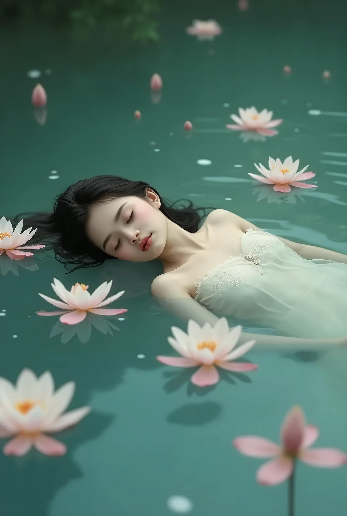 Tranquil voyager girl, Surrealism, in watercolor style, Photorealism, discreet raspberry and strawberry shades, barefoot, music, nudity, Flowers in the water, view from above, a girl with a very beautiful exquisite face