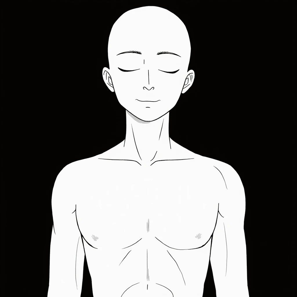 best quality, high resolution, (((clean background:2.0))), high contrast, line-drawing, monochromes, sketch, Pencil drawing, comic strip、manga comics, white background, clean line drawings, vibrant colors, Extremely detailed eyes and face, Portrait of a man, Stand quietly, ((((male)))), (((boy, solo, Lean body))), (((bald:1.00))), ((naughty expression, Smiling showing four fangs)), ((not wearing clothes:1.50)), (((nude:1.50))), (((no breasts))), upper body,