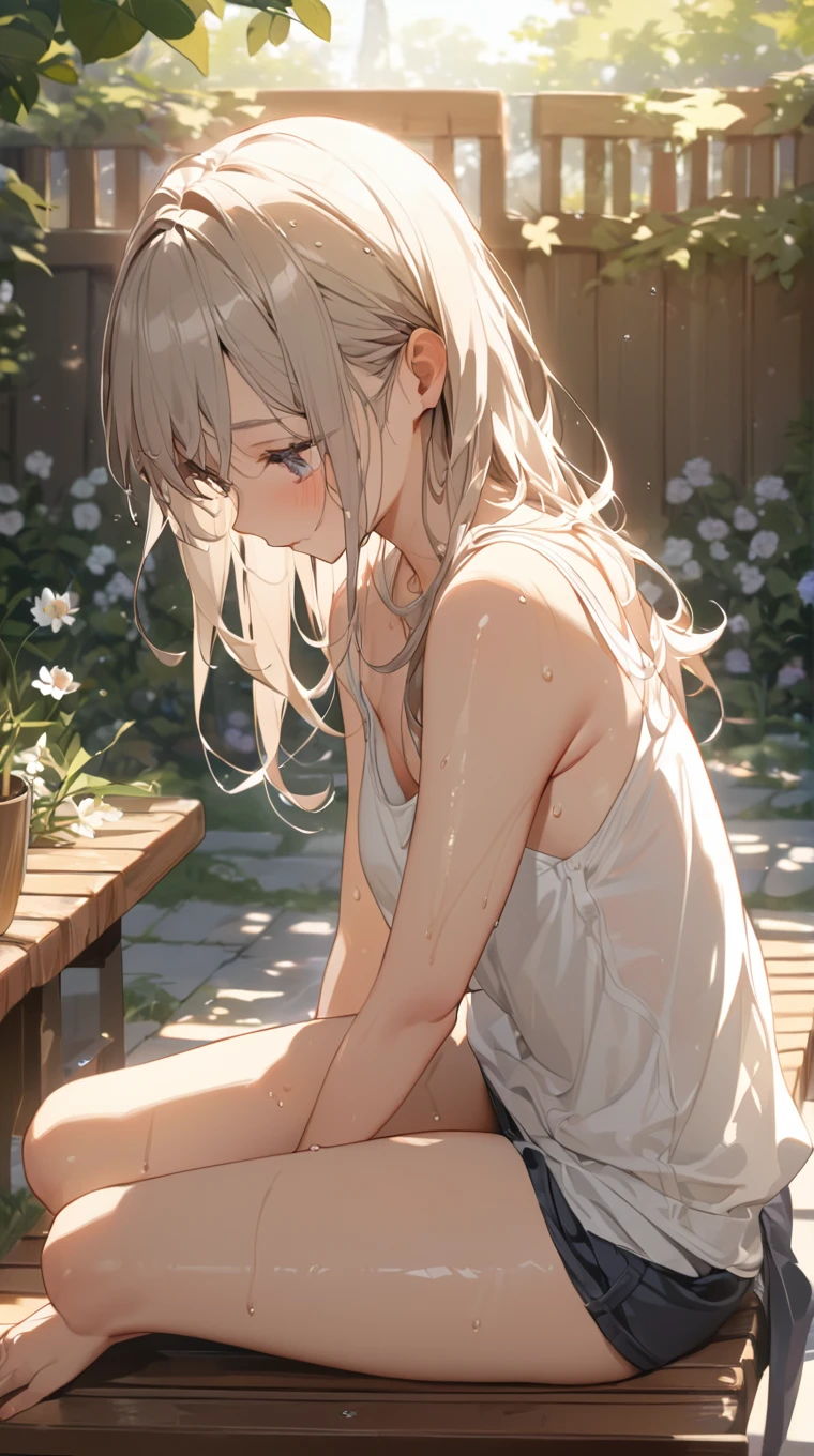 masterpiece, best quality, ultra detailed 18k cg render, (Illustration: 1.3), (Portrait:1.35), 1girl, solo, short hair, white hair, troubling in the prison, leaning forward, navel-baring black shirt, denim shorts, black jacket, wide silver bangle, necklace, studs belt, Lots of earrings, barefoot, (dark skin:1.3), short hair, short shorts, 1girl, masterpiece, best quality, ultra-detailed, perfect composition, intricate details, 
(best quality,masterpiece:1.5),absurdres,highres,8k, ultra high res, official art,illustration,extremely detailed, covering mouth with hand,  looking down, {{Head down}}, from above, diagonally view shot, dutch angle,{{covering nose  with hand}}