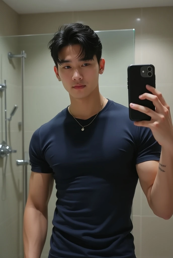 Muscular man is posing、asian human、The whole body is shown、sexy  pose、The shirt is fluttering、Sticking out a large crotch、I'm taking a selfie