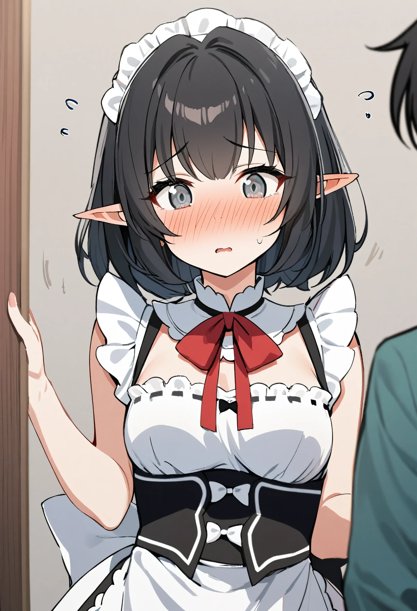 1girl, elf, maid. maid uniform, bashful expression, blushing red, short hair, gray eye color, (Black hair color)