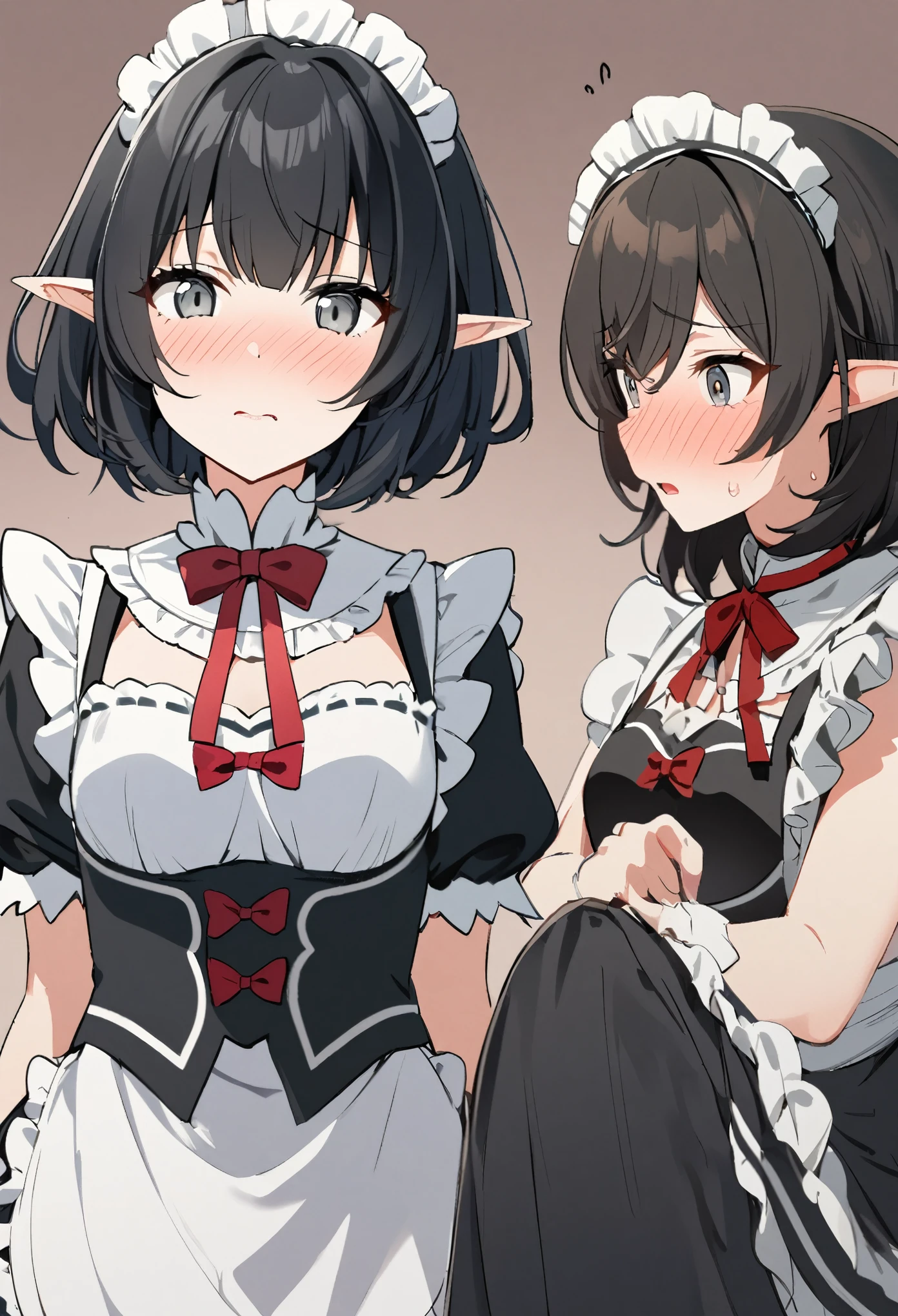 1girl, elf, maid. maid uniform, bashful expression, blushing red, short hair, gray eye color, (Black hair color)