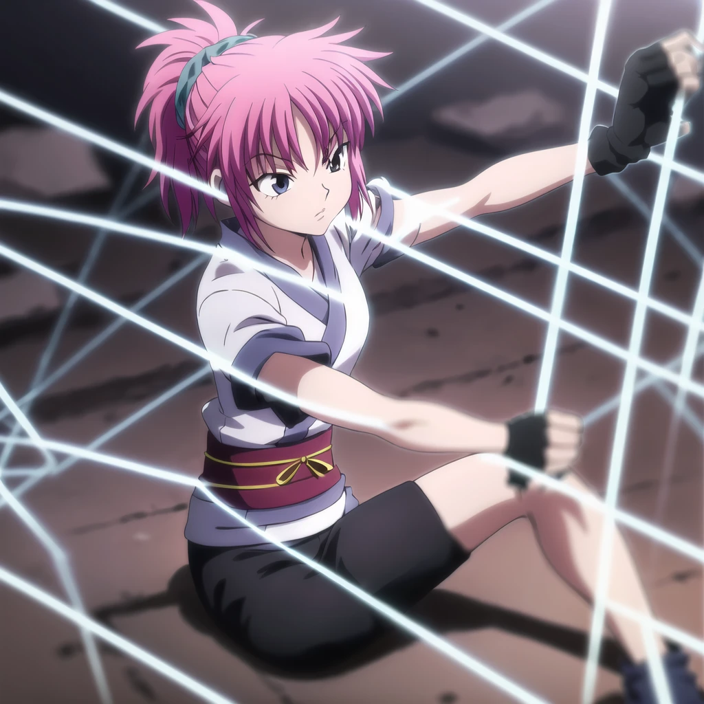 machi,1girl, ponytail, short kimono, obi,sash, fingerless gloves, bike shorts, solo, (threads:1.3),glowing threads, fighting_stance,   sitting,