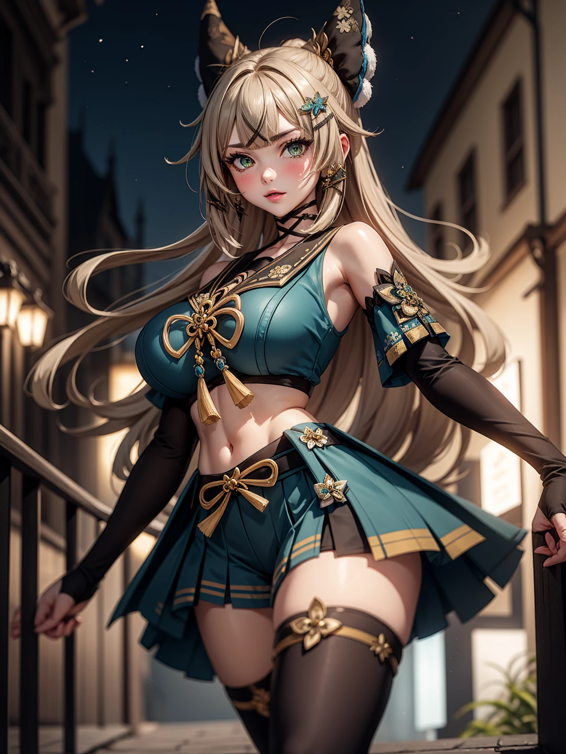 Masterpiece, high quality, blurry background, hd, 4k, night,kiraradef, (gigantic breasts), outdoors, standing, blush, looking at viewer, dynamic poses, 