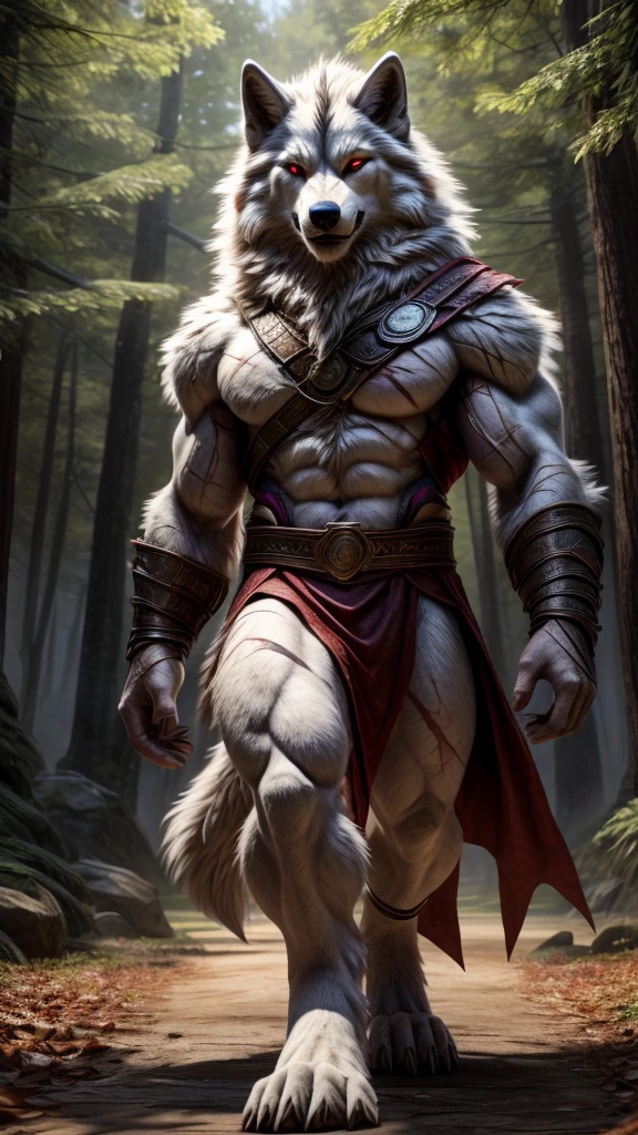 imagine a realistic full-body photo of a huge colossal monster, a white wolf hybrid with monstrous size. He is walking towards the camera. There are small people near him highlighting his huge size. He has bright red eyes and scars. the mix between the white wolf and the giant parts is smooth, the background is forest arena. UHD --ar 9:16 --c 30 --s 750