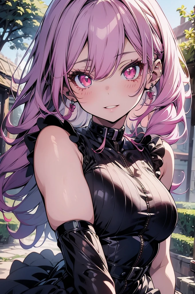 a anime cute and sexy girl with pink hair, anime  detailed eyes, beautiful detailed lips, extremely detailed face, long eyelashes, seductive expression, petite figure, fighting outfit, average size breasts, , masterpiece, vibrant colors, cinematic lighting, dramatic pose nonude, . In a  garden. Wearing average dress. Mature sexy but not nude. 