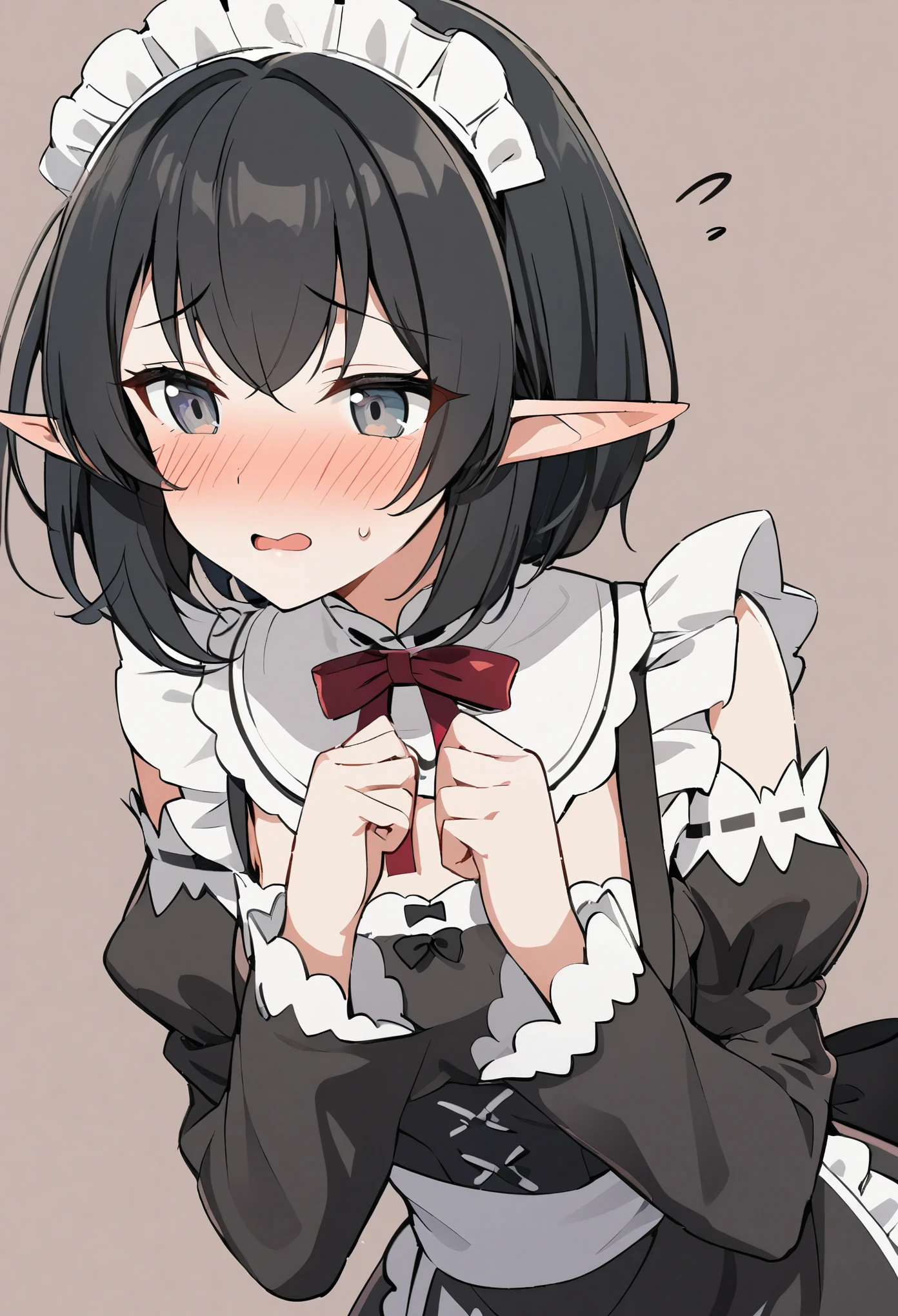 1girl, elf, maid. maid uniform, bashful expression, blushing red, short hair, gray eye color, (Black hair color)