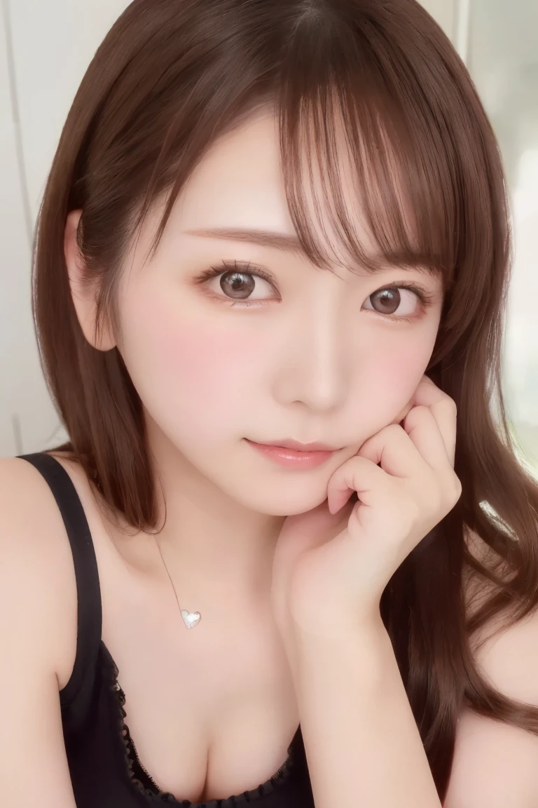 Best Quality, (beautiful)、beautiful女性、Precision Eyes、 small boobs、 Messy Medium Hair、 brown eyes 、 brown hair、Fine skin、 small boobs、(Heart-breaking )Small breasts、Tank tops、Close-up、Kissing Face