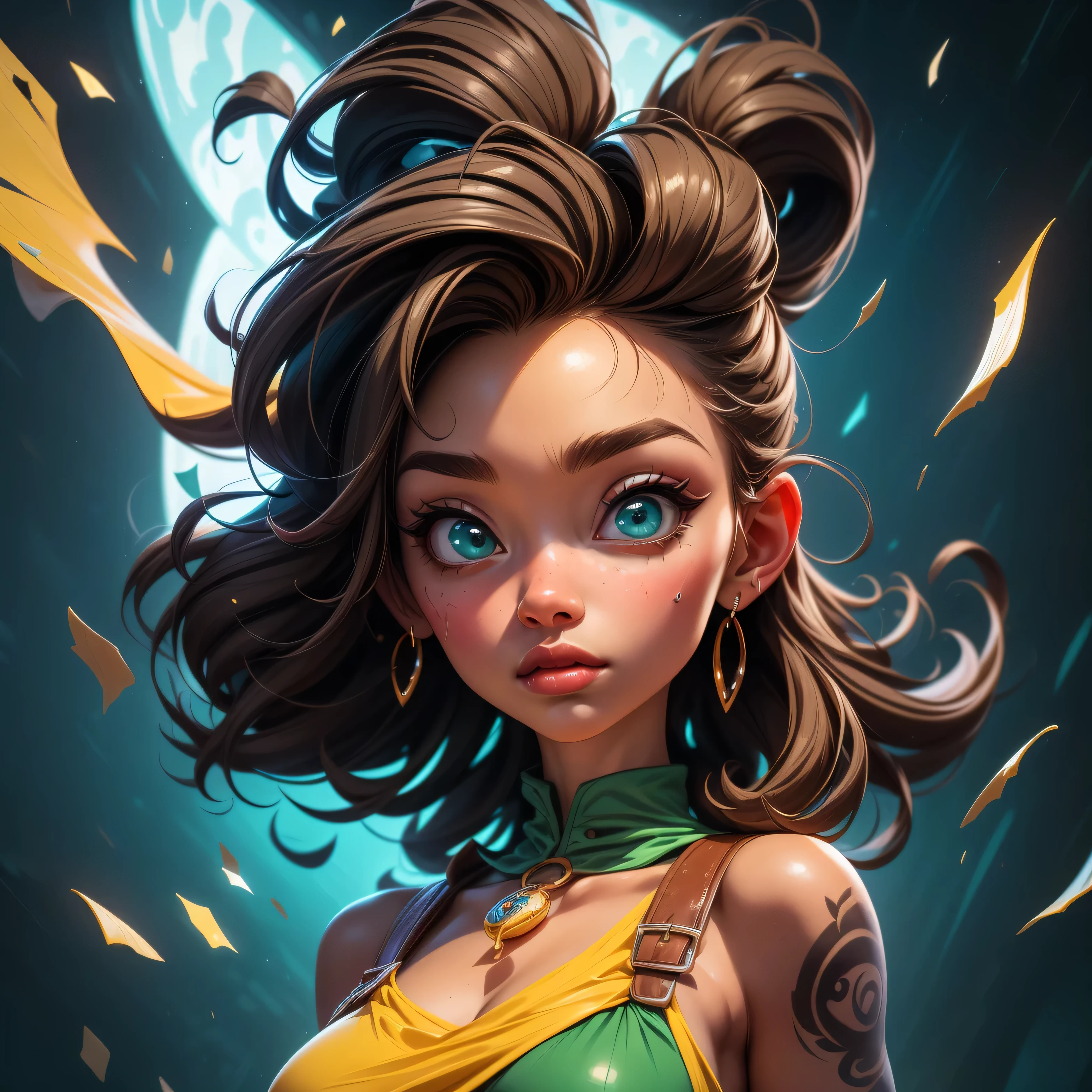Disney, Pixar (Style: Pixar, Cartoon, trending on artstation, ((high quality:1.2), (masterpiece:1.2)) , (8k resolution) , high details, incredibly absurdres, color connection, colorized, colorful) , detailed art stylized by Dmitry Kustanovich and Duy Huynh, Concept art, professionally shot of a Big eyes, Haitian, (Female Student:1.2) , Hurricane, Sharp and in focus, Starlight, green paint splotches, tattoo,ruanyi0282,ruanyi0220,color paint,free style,tattoo