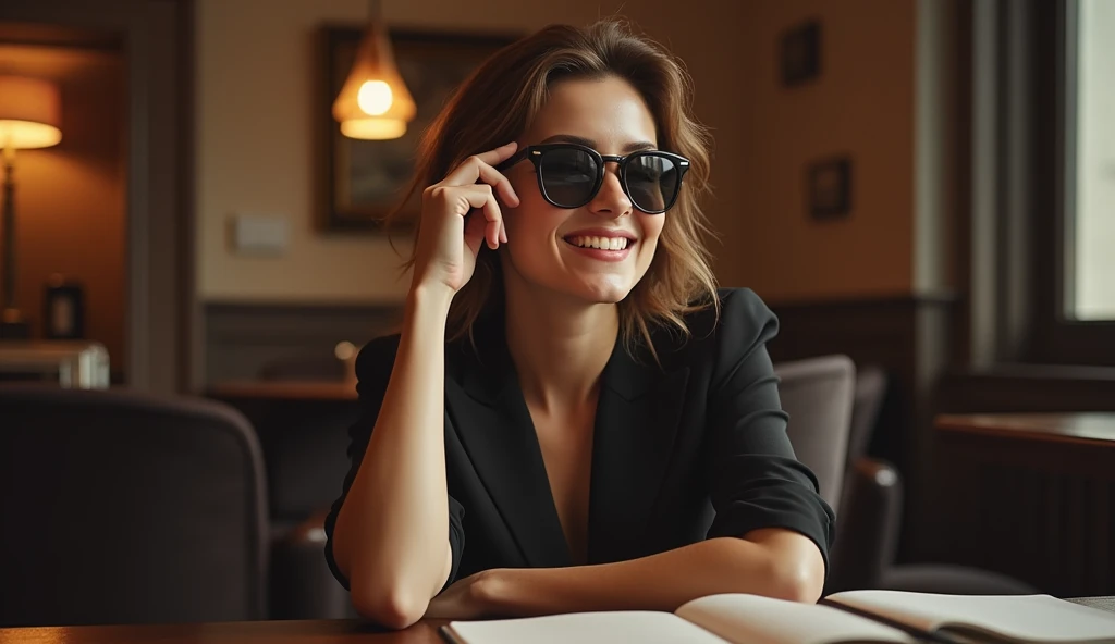 A classy girl wearing black glasses with flirty expression