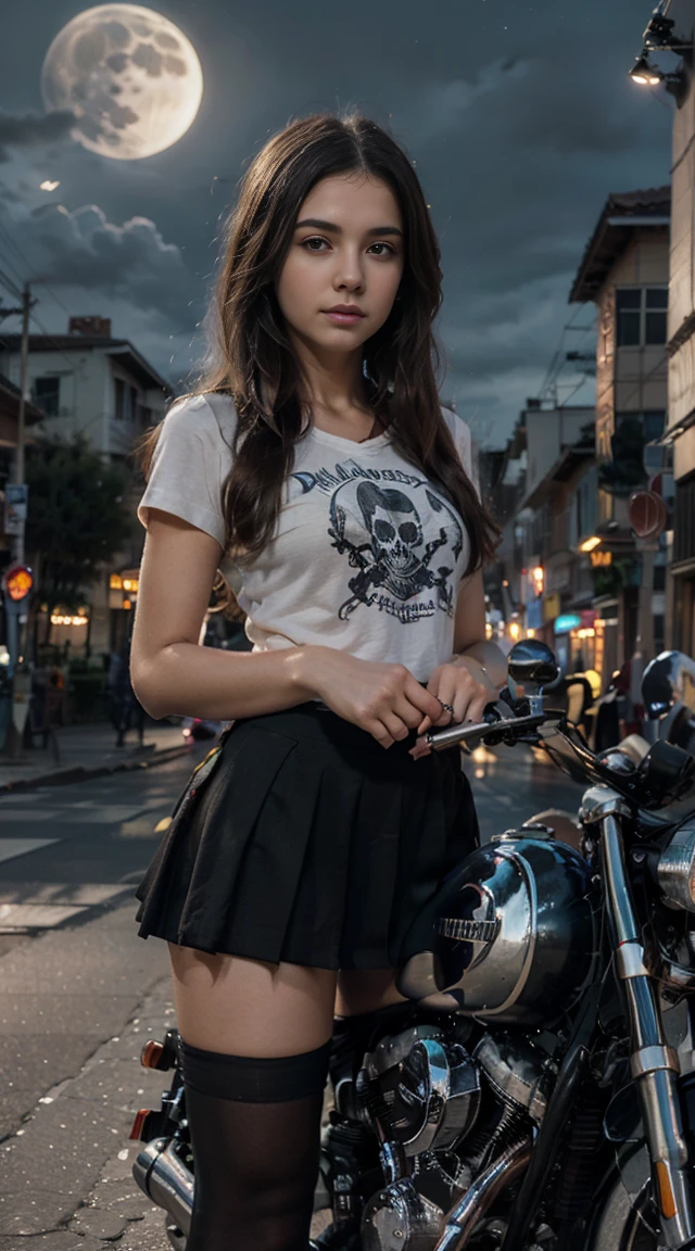 17-year-old Waifu  posando na frente de uma motocicleta futurista, the motorcycle has skulls and blue flames highly detailed 3D graphics, night scenery with full moon in the background, she is wearing a Uniform  with 3D skulls and flames and Sailor Miniskirt, Pantyhose, HDR, epic realism, high-octane rendering, obra de arte, con una remera de "LA FAKIN CABRA" (estampa diabolica)