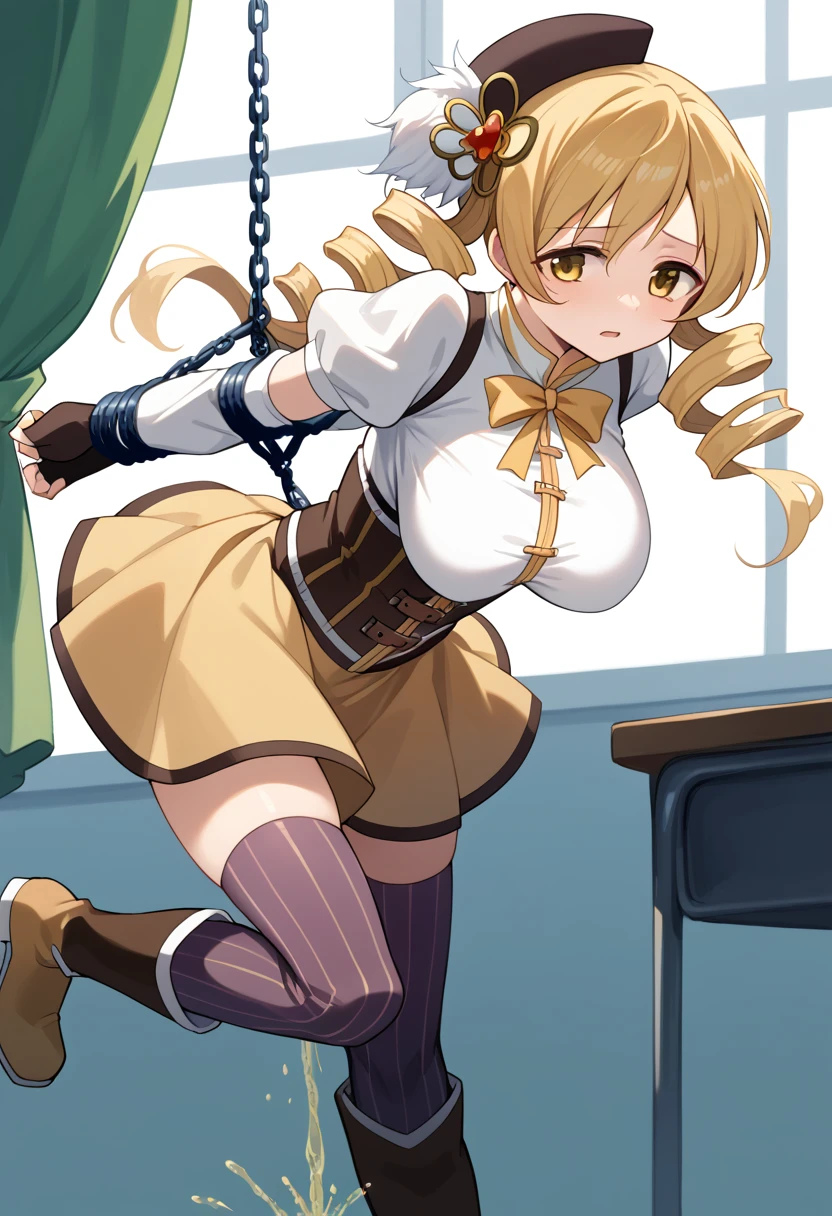 (masterpiece, best quality), 1girl,mami tomoe, blonde hair, drill hair, twin drills, yellow eyes, boots, brown footwear, brown gloves, corset, detached sleeves, fingerless gloves, gloves, hat, juliet sleeves, knee boots, long sleeves, magical girl, puffy sleeves, skirt, striped, striped thighhighs, thighhighs, thighs, vertical stripes, vertical-striped thighhighs, yellow skirt,(big breasts;1.4)(classroom :1.2) (restrained hanging:1.5)(Urinating:1.2)
