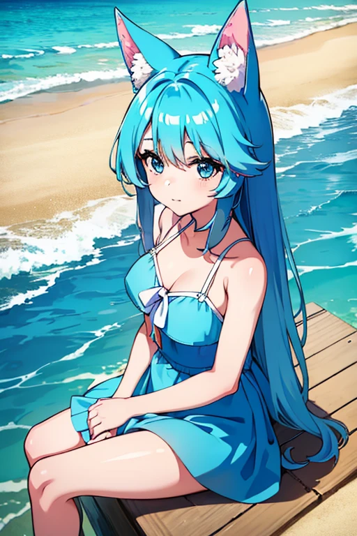  is sitting on the sandy beach of the ocean、Blue Hair、Fox Mimi 、beautiful、girl、1 person