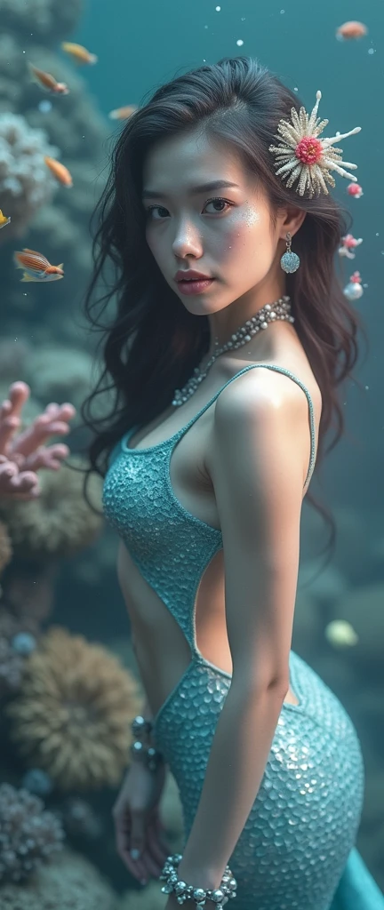 1fille, jeune, metis, portrait, Realstic, visage, corps entier, , side lighting, wallpaper, wet,cheveux humide, spreading her legs open, very excited, ouvrant la bouche, tirant la langue, Cheveux courts, at the bottom of a coral reef,