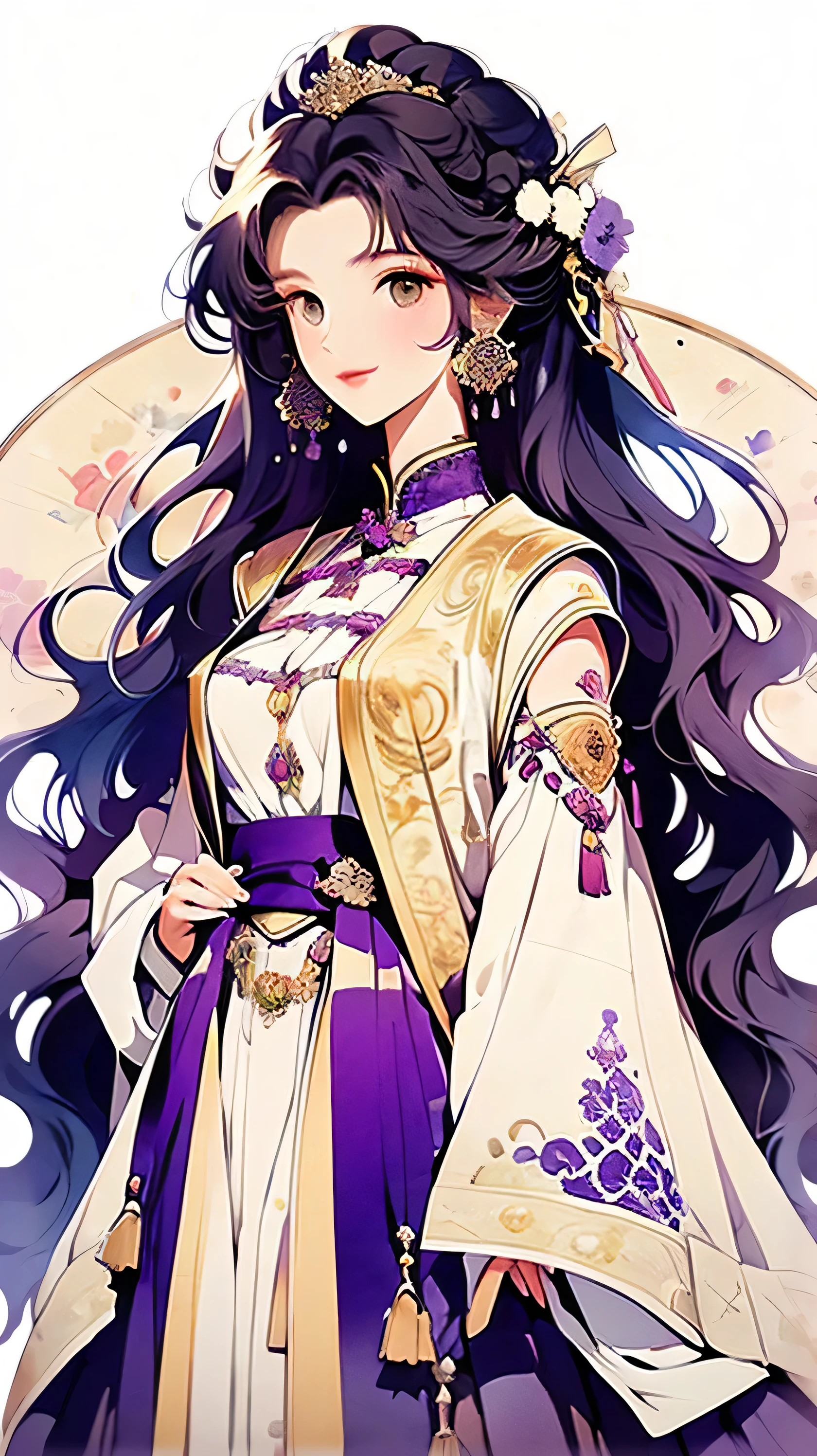 The image is a watercolor illustration of a tall and slim adult woman with long deep purple hair. She has a peaceful expression on her face. She is smiling. The background is white making the girl and her outfit stand out. The overall style of the illustration is whimsical and dreamy.