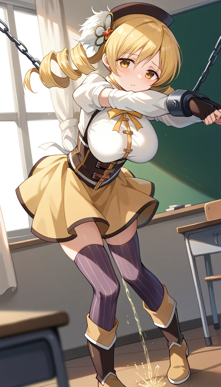 (masterpiece, best quality), 1girl,mami tomoe, blonde hair, drill hair, twin drills, yellow eyes, boots, brown footwear, brown gloves, corset, detached sleeves, fingerless gloves, gloves, hat, juliet sleeves, knee boots, long sleeves, magical girl, puffy sleeves, skirt, striped, striped thighhighs, thighhighs, thighs, vertical stripes, vertical-striped thighhighs, yellow skirt,(big breasts;1.4)(classroom :1.2) (restrained hanging:1.5)(Urinating:1.2)
