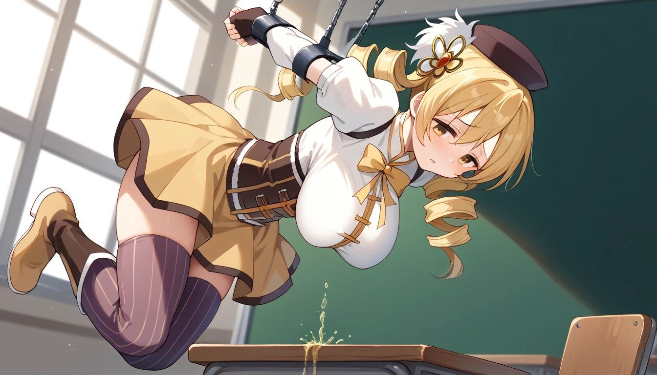 (masterpiece, best quality), 1girl,mami tomoe, blonde hair, drill hair, twin drills, yellow eyes, boots, brown footwear, brown gloves, corset, detached sleeves, fingerless gloves, gloves, hat, juliet sleeves, knee boots, long sleeves, magical girl, puffy sleeves, skirt, striped, striped thighhighs, thighhighs, thighs, vertical stripes, vertical-striped thighhighs, yellow skirt,(big breasts;1.4)(classroom :1.2) (restrained hanging:1.5)(Urinating:1.2)
