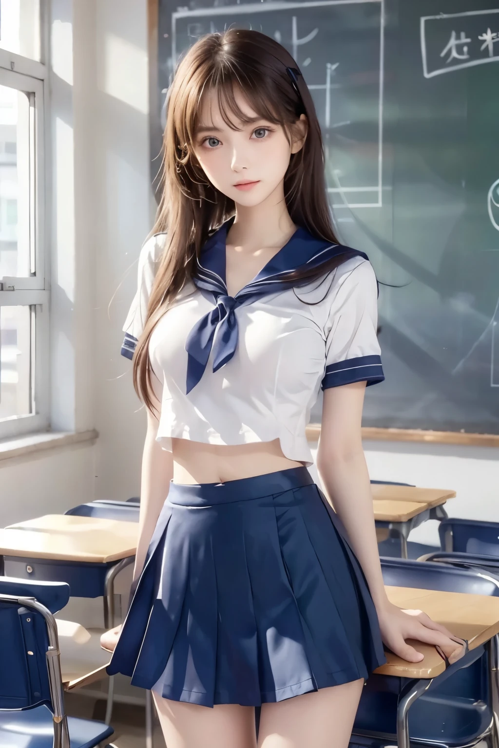 (   super high image quality   ), (Staring at me), (Short-sleeved sailor suit,   navy blue miniskirt ), Big Breasts, Super beautiful breasts, slender, (Thin legs:1.2), (Thin thighs:1.2), (Small waist:1.4), (Beautiful Skin,   shiny skin,  white skin), (Super slim face,  Super beautiful face , No makeup, smile:0.6), (Light brown hair,  semi-long, Layered Cut, Fluffy hair), (Big Eyes:1.3, High angle of the eyes:1.6, double eyelid), (Thin eyebrows:0.1), (Small Nose:0.6), (Thin lips:0.6), Beautiful Hands, Empty-handed,  standing, School classroom