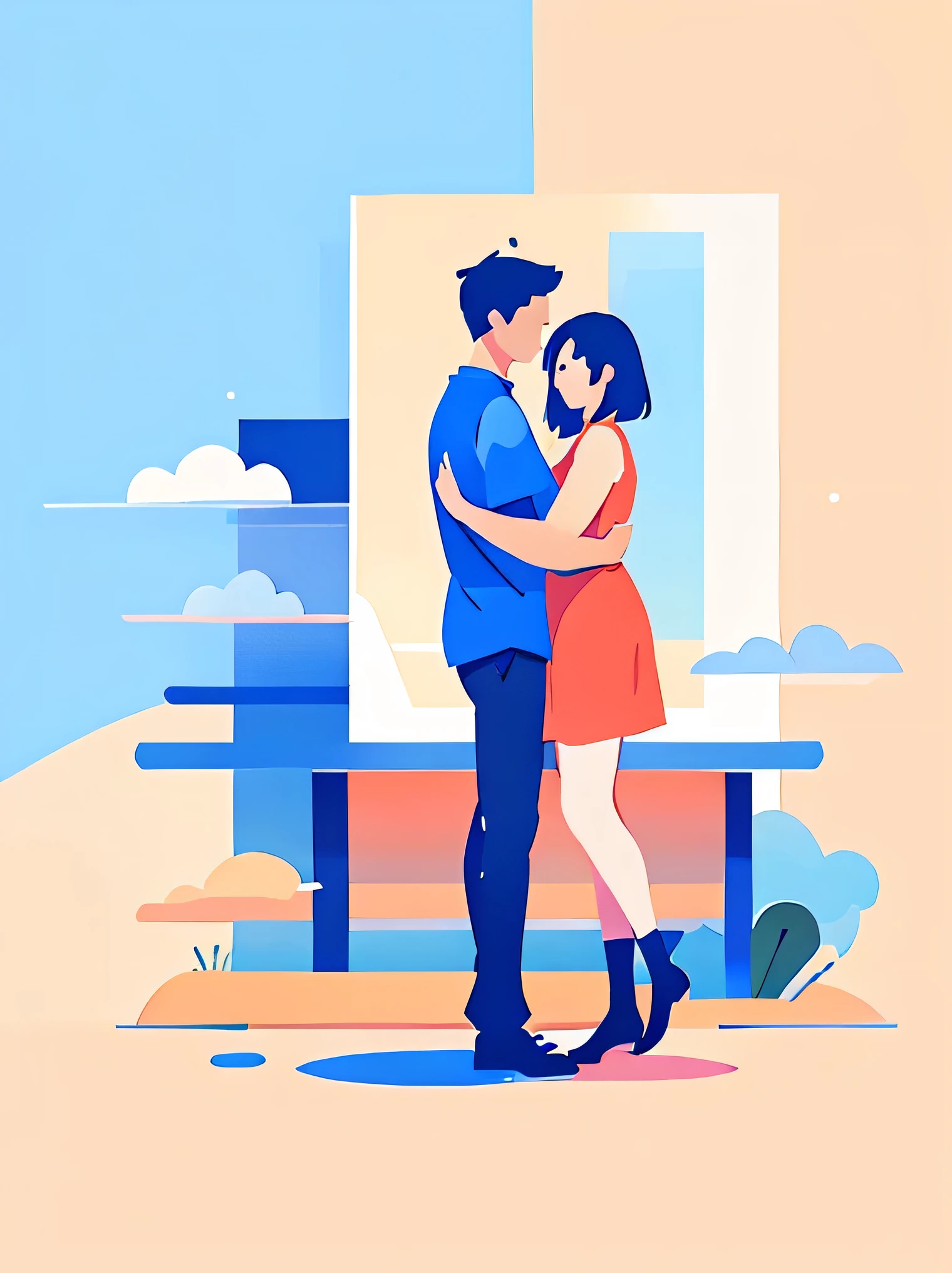 masterpiece,  is the best quality, illustration,  A couple，Full body portrait， flat shape,Clouds, Good shape ,  perfect line ,  perfect line draft , Professional, OK, 