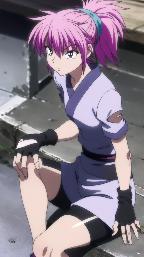 machi,1girl, ponytail, torn short kimono, obi,, fingerless gloves, bike shorts, solo, ,glowing threads,  sitting,