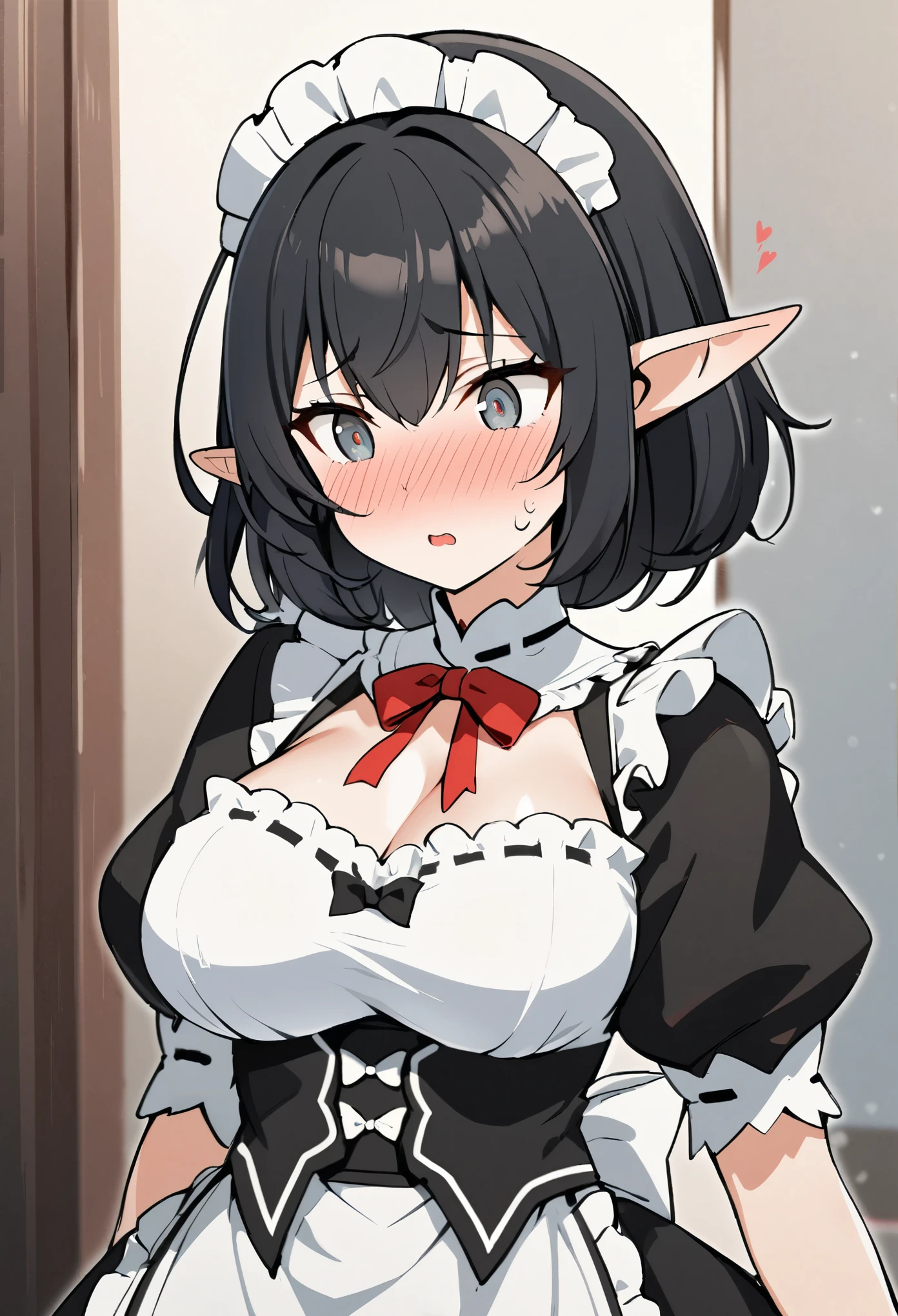 1girl, elf, maid. maid uniform, bashful expression, blushing red, short hair, gray eye color, (Black hair color), large breasts