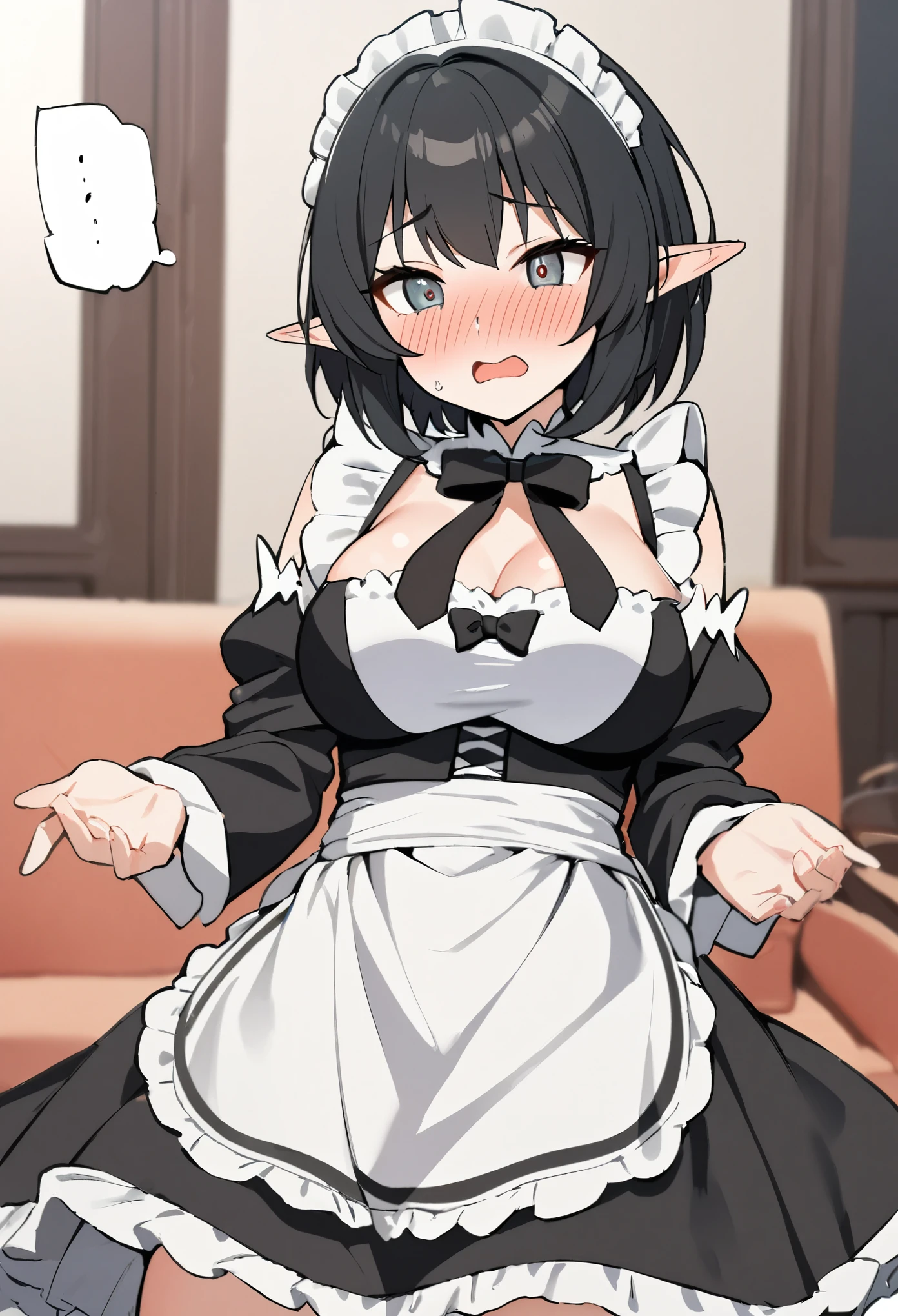 1girl, elf, maid. maid uniform, bashful expression, blushing red, short hair, gray eye color, (Black hair color), large breasts