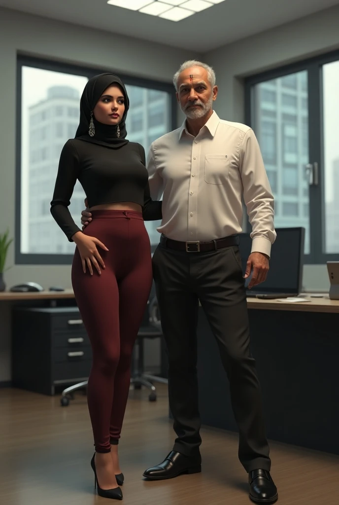 Two Busty hijab boss in office room , wearing tranlong blazer fur with standing collar, female domination, busty, big breast, nudity, sunglasses, long gloves and long boots, very classy and glamour. kissing. Sex pose, shaved pussy